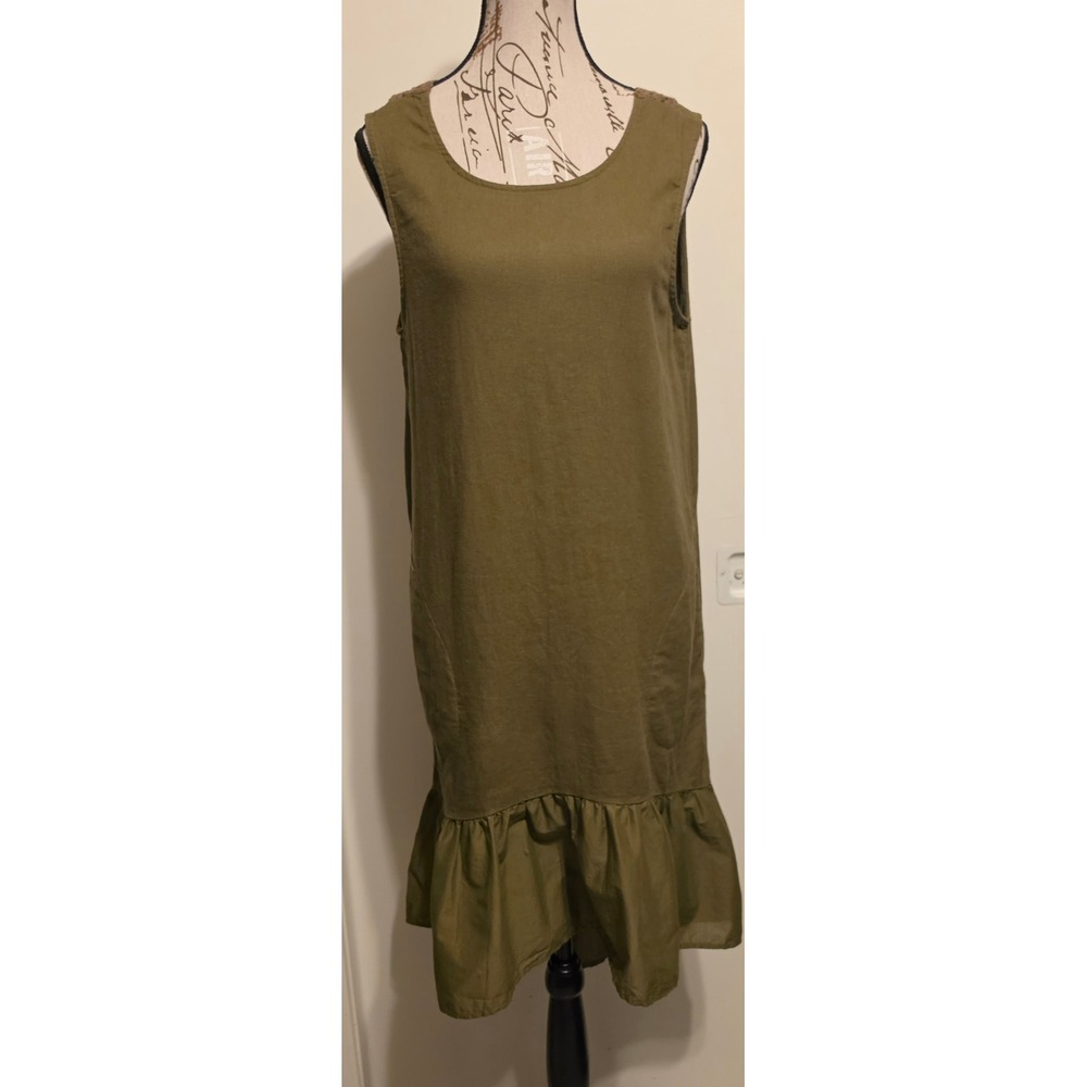 Forcynthia Olive Green Linen Blend Crochet Back Ruffle Hem Midi Dress Sz Med